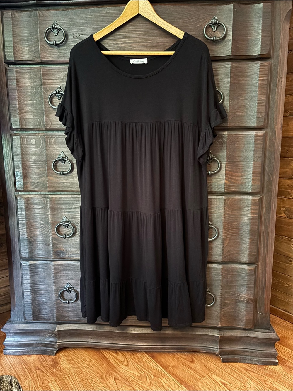 Charlotte Avery Black Ruffle Dress, Size Large, Short Sleeves, Flowy